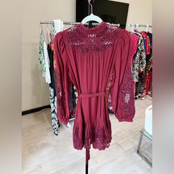 FARM Rio: Burgundy Long Sleeve Lace Detail Mini Dress - Picture 7 of 11